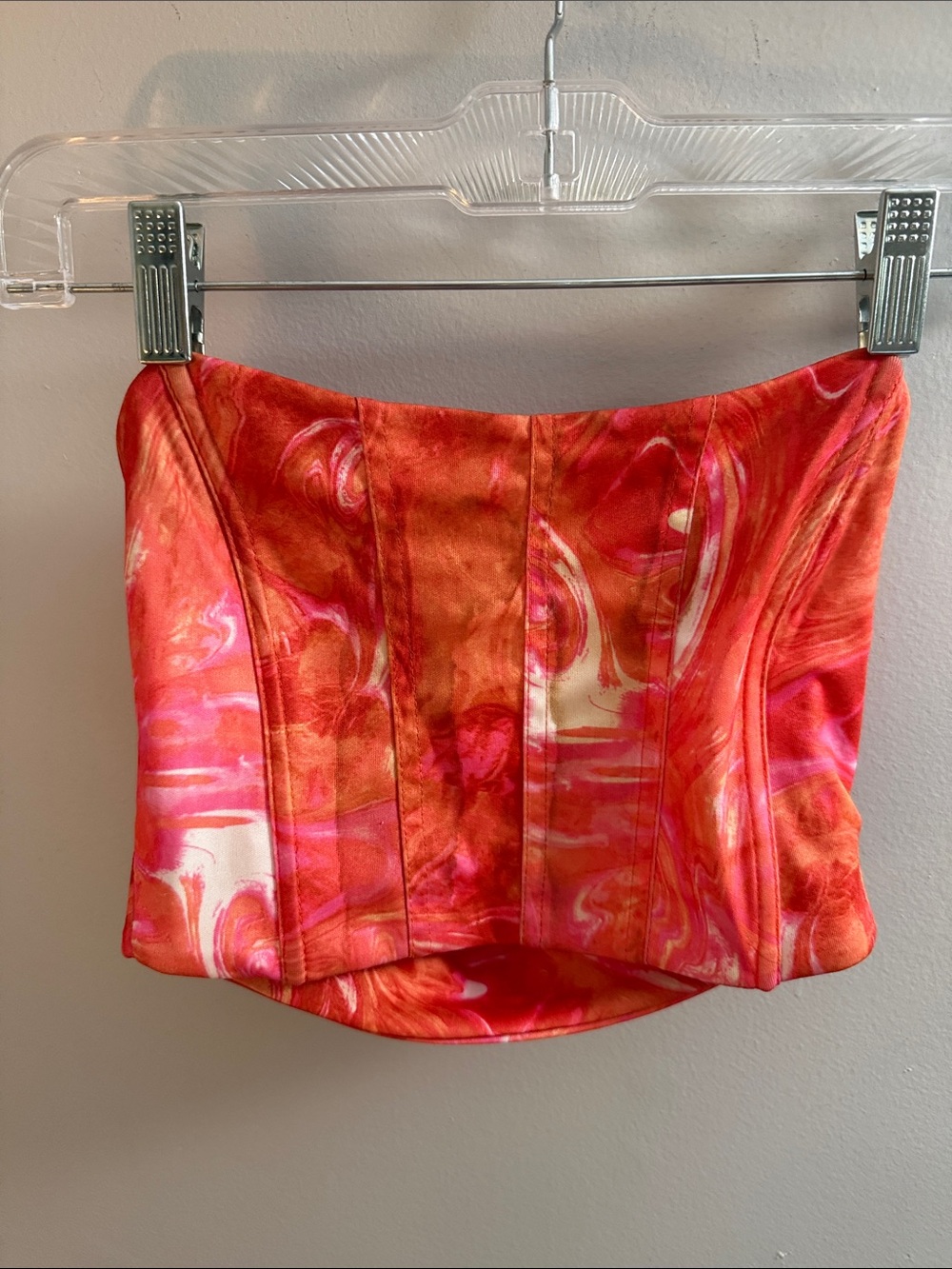 SHEIN Red Pink Marble Print Strapless Crop Top